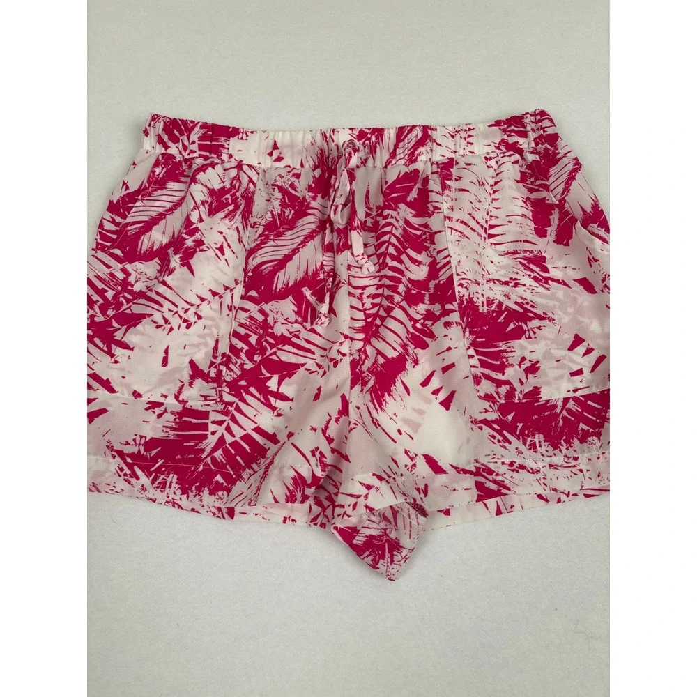 West Loop Pink White Tropical Palm Leaf Print Shorts Elastic Waist S/M